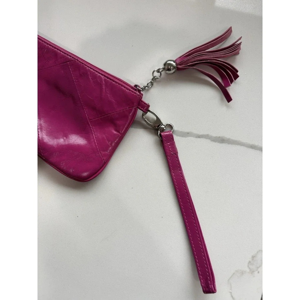 Hot Pink Leather Wristlet Clutch Tassel  Zipper Pocket Card Slots